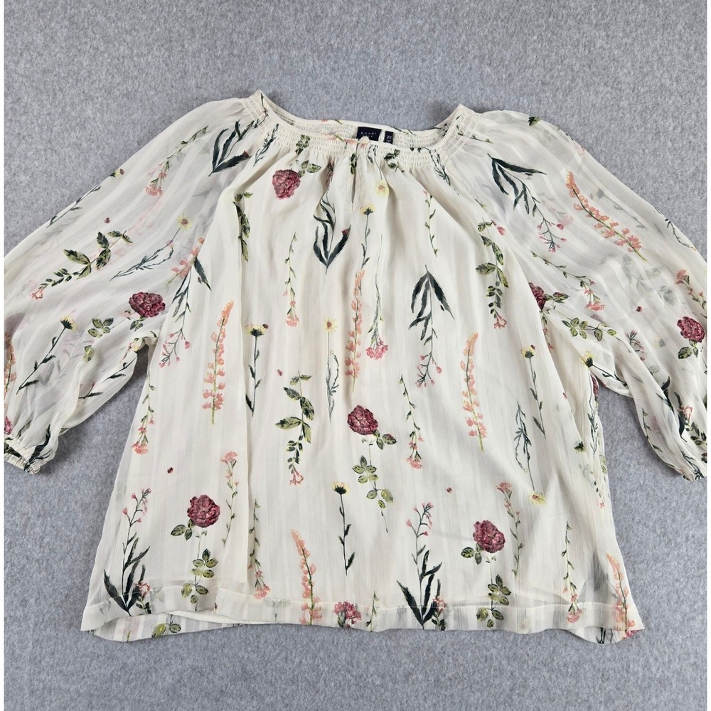 Kaari Blue Women 2X Floral Peasant Blouse Cream White Smocked Neck Chiffon Top